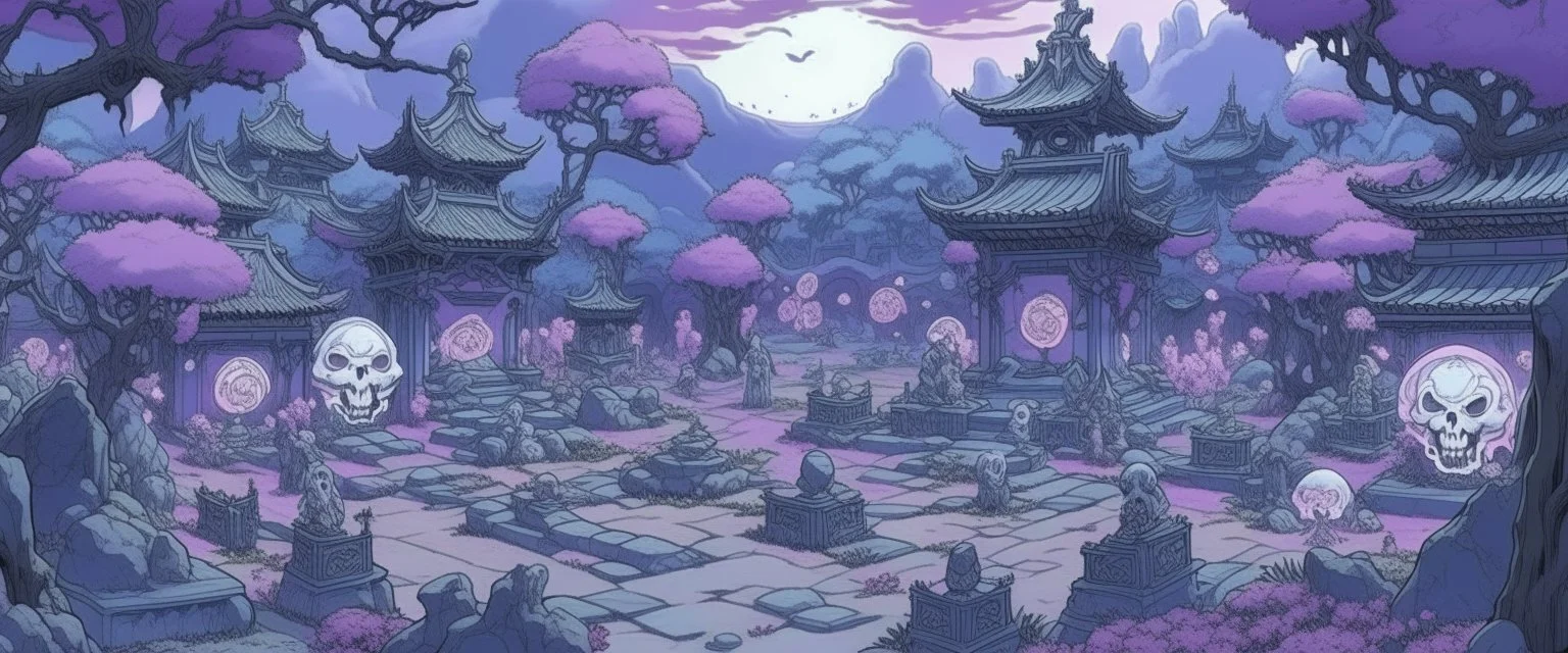 A light purple graveyard with ghosts designed in Japanese Oni masks painted by Zhang Lu