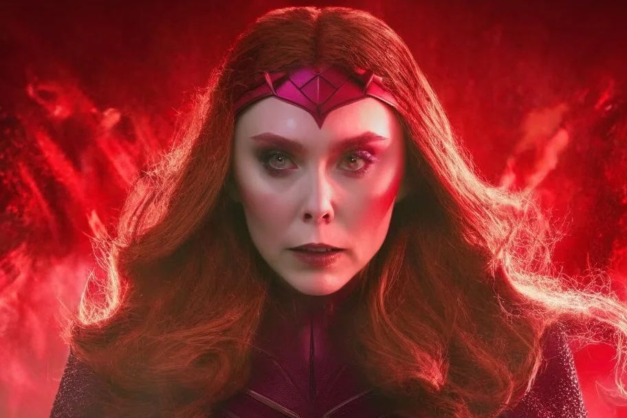 Mulher, feiticeira escarlate, rosto da atriz elizabeth olsen, rosto de wanda maximoff, cabelos ruivos, muito brava, wanda Marvel, expressão de raiva, 4k render, vilã, voando, imagem de longe, manipulando magia, raiva, corpo inteiro, olhos marcantes, mãos atirando magia do caos vermelha, cidade de destruição, cores frias, cinematográfico, dramático. Traje da wanda inspirado no filme doutor estranho no multverso da loucura da marvel