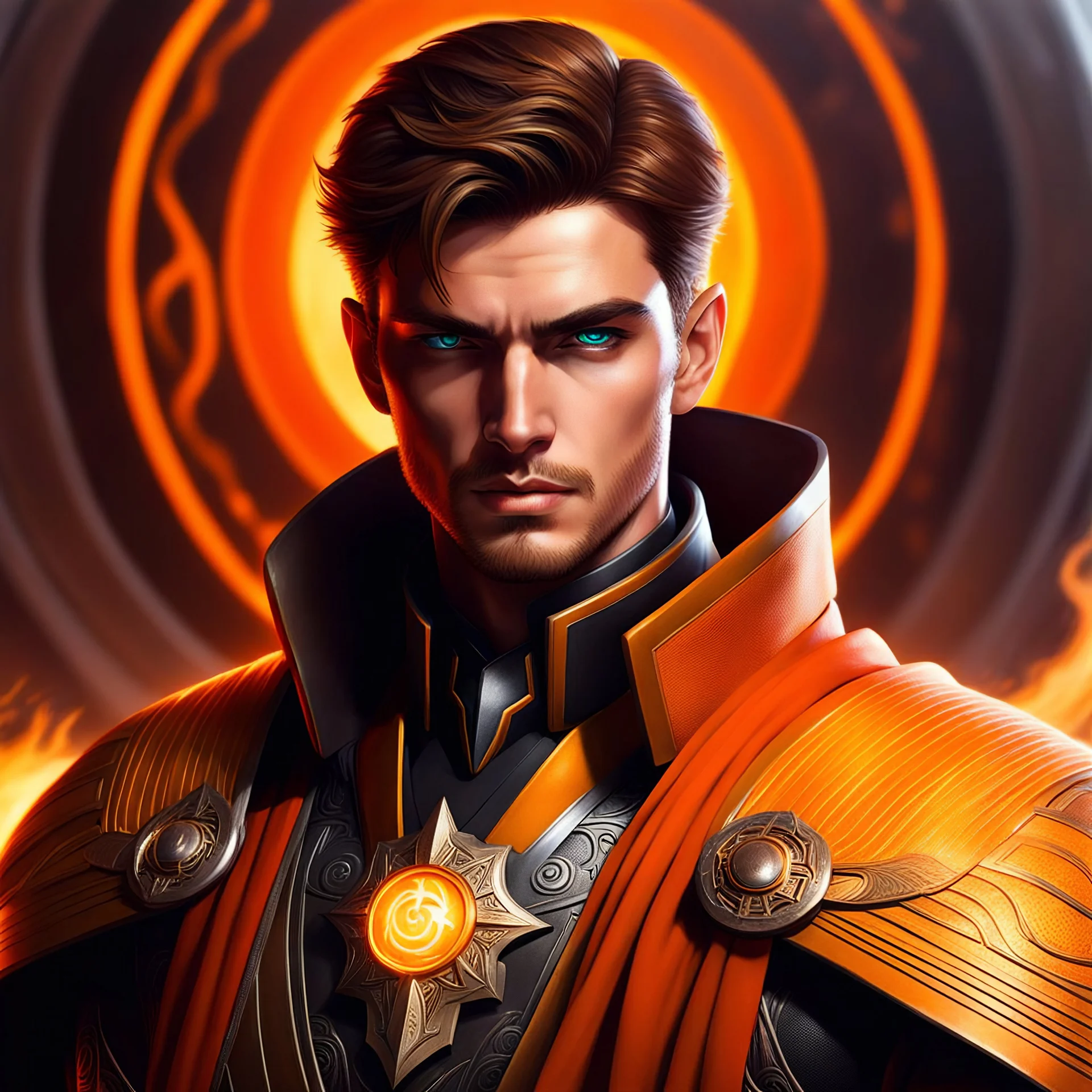 Young male Psyker, black eyes, glowing veins, warm orange wave energy around him, powerful, technology, no helmet, robes, 24 year old, short brown hair, Aesthetic, portrait, warhammer 40k, veiny indian face