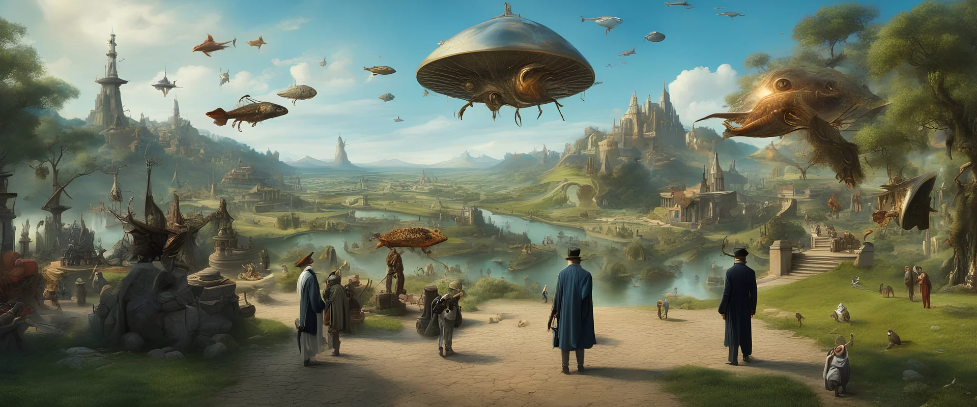 Salvador Dali & Hieronymus Bosch greet each other at an outdoor surrealist market in a beautiful surreal outdoor countryside summer scene with hills, many pathways, stairways, streams, waterfalls, waterwheels, & a flock of dream-like sky-fish fly high in the far distant sky : very high detail, photorealistic, epic cinematic, 8K, Large depth of field