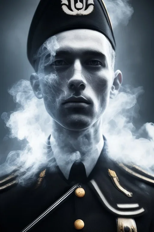 All black German soldier, head made out of white smoke, dark, rage, sorrow, high definition, ultra 8 k, volumetric lighting, blue fire, fog