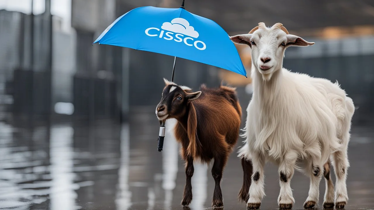 Goat holding a cisco branded umbrella in the AWS cloud