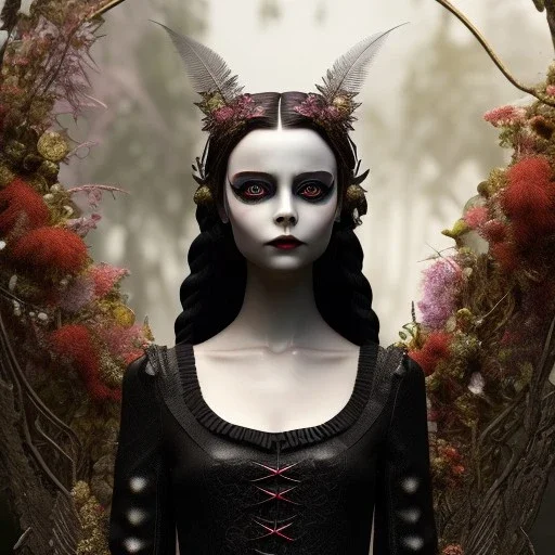 woolitize, Wednesday Addams, rusty metal, feathers, Dryad, fae, sidhe, ominous, nature, plants, wildflower, facepaint, dnd character portrait, intricate, oil on canvas, masterpiece, expert, insanely detailed, 4k resolution, retroanime style, cute big circular reflective eyes, Pixar render, unreal engine cinematic smooth, intricate detail , soft smooth lighting, soft pastel colors