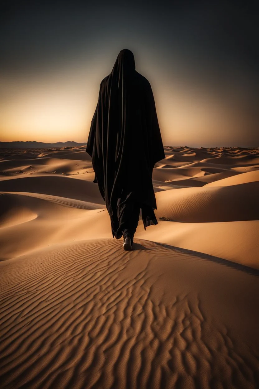 Photography Mistery of Black Ghost Man Arabian,Walking alonely on desert darkness night background