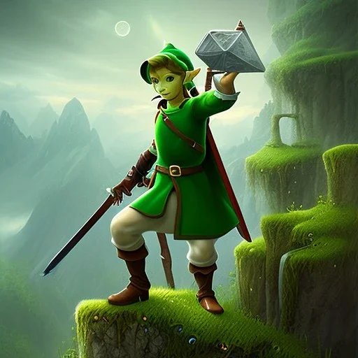 warrior character, wearing green clothes and green hat, similar to Link from Legend Of Zelda, standing on the edge of a steep cliff, heroic, atmospheric