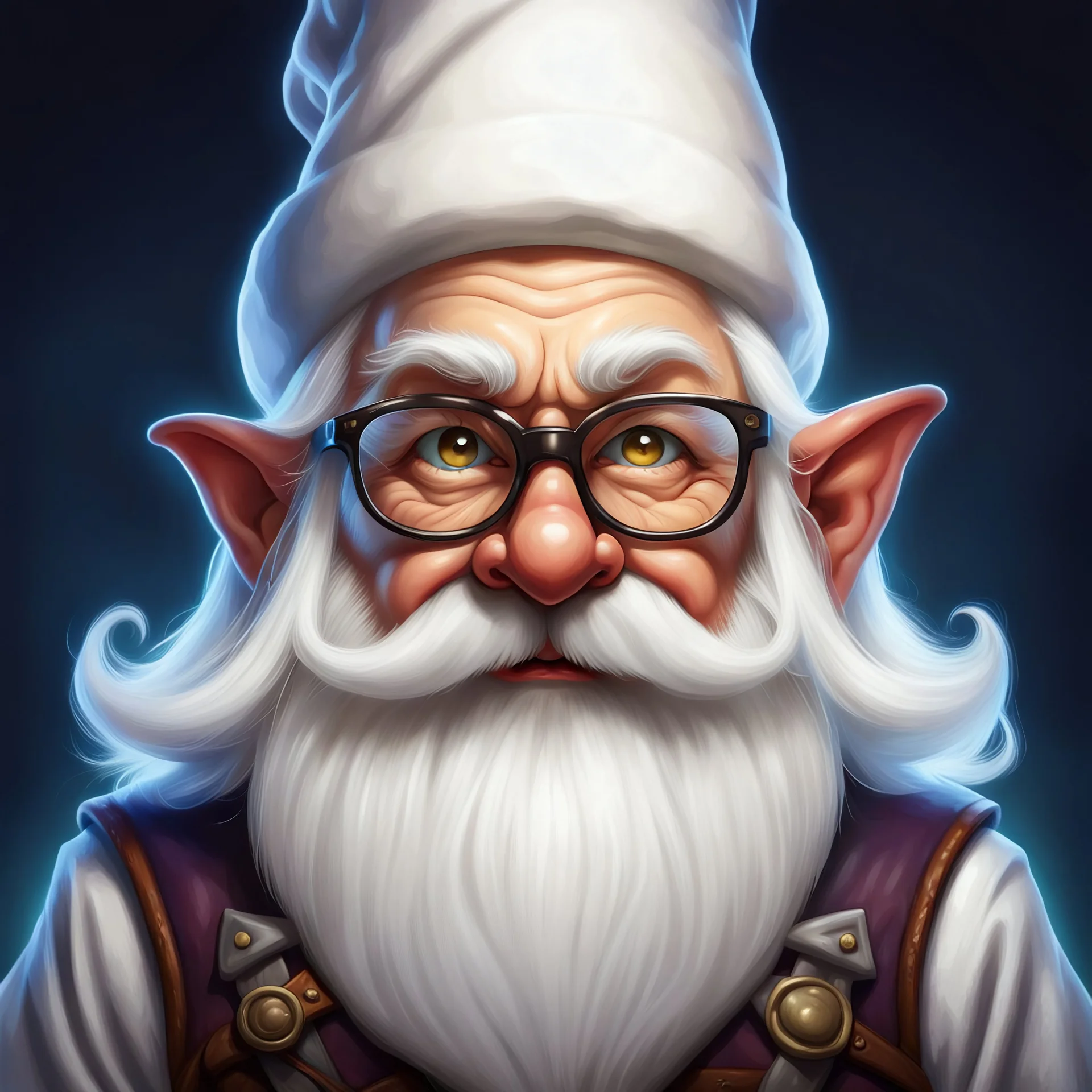 Generate a dungeons and dragons character portrait of the face of a male handsome gnome blessed by the goddess . He has very long white beard and hair and he wears glasses. He's 70 years old. he has a comical aura and wears a bakers chef hat