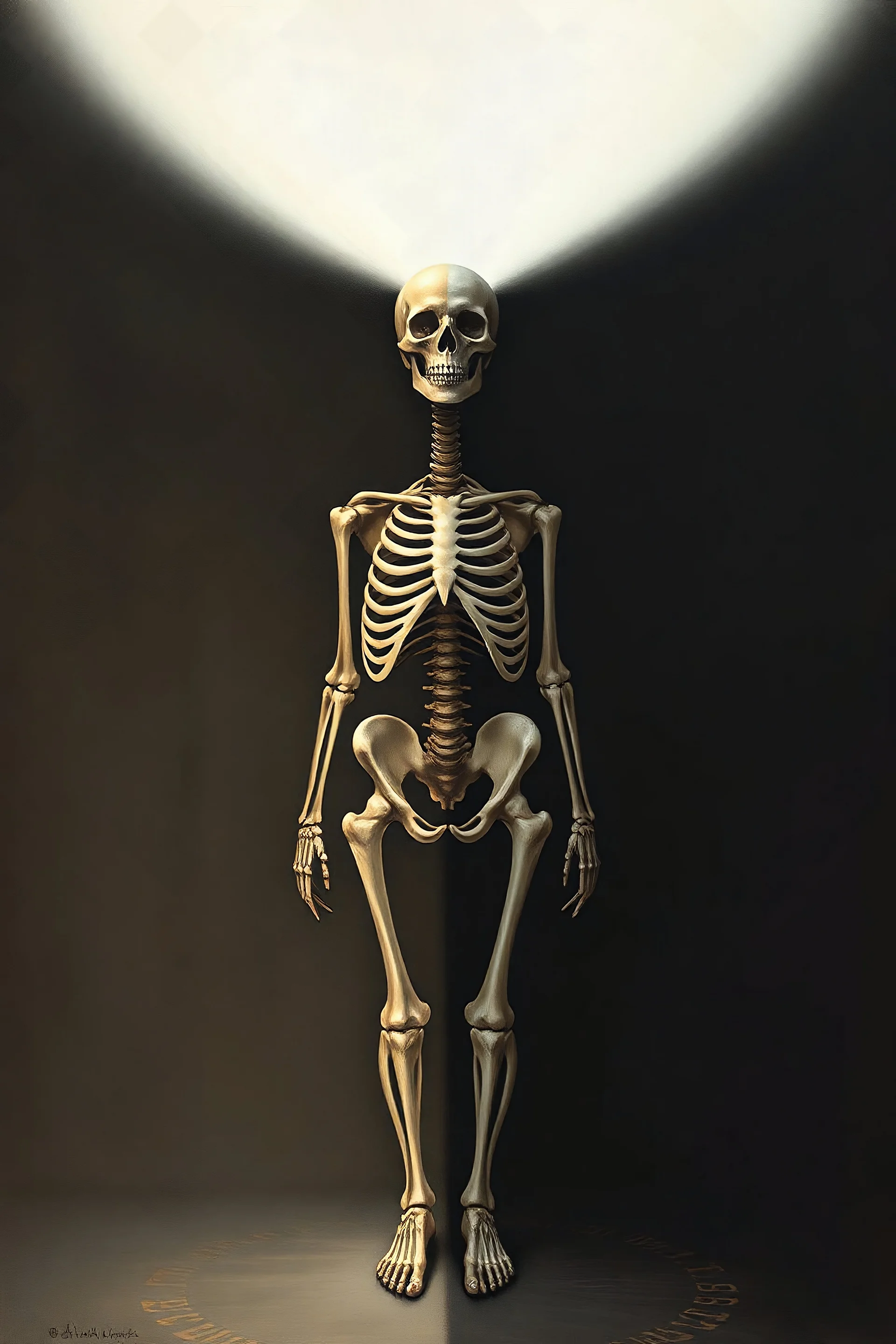 A surreal symbolic painting of a woman standing, illuminated by a single directional light. One side of her body and face (the lit side) appears skeletal, bones visible, fragile and fading. The other side (in shadow) is completely natural, healthy, and human. The composition shows clear contrast between the two halves, symbolizing "what is born in darkness dies at the first light". Painted in a dramatic artistic style with delicate colors, soft shading, and painterly brushstrokes, dreamlike