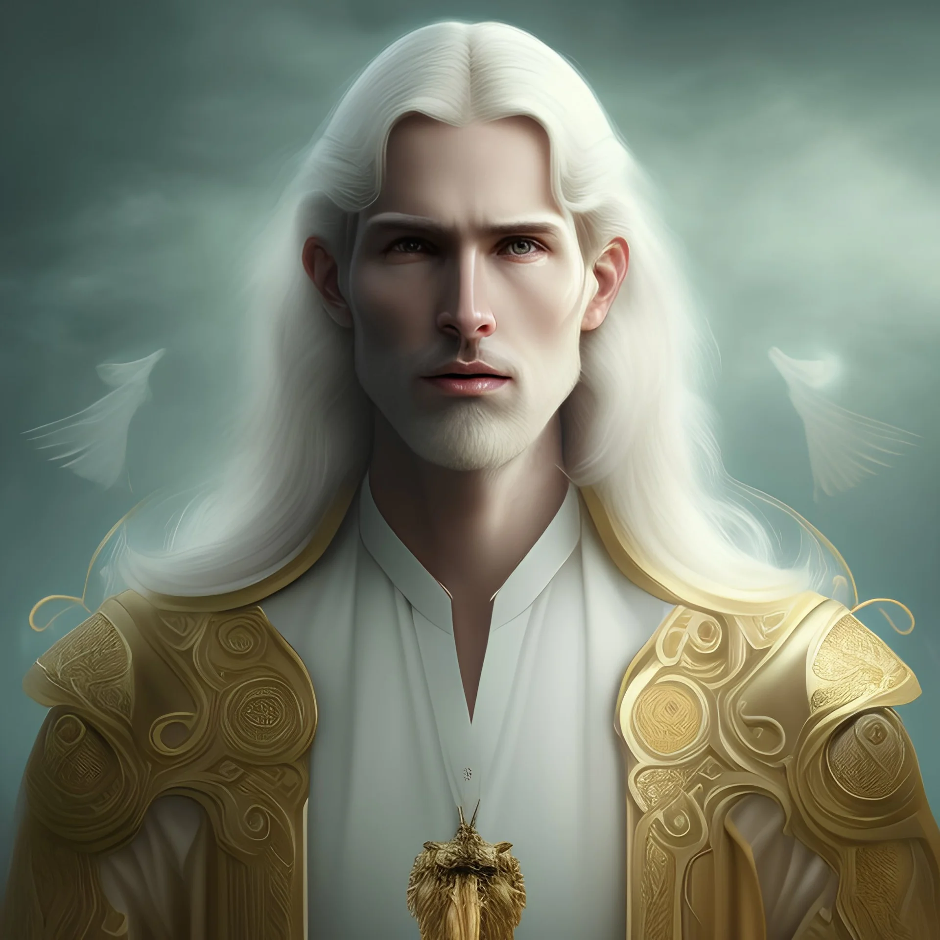 A skinny man with pallid skin, long golden hair, golden eyes, and golden wings. He is wearing white priests' robes and holding a pocket-watch. He has a solemn look on his face; fantasy art; character art;