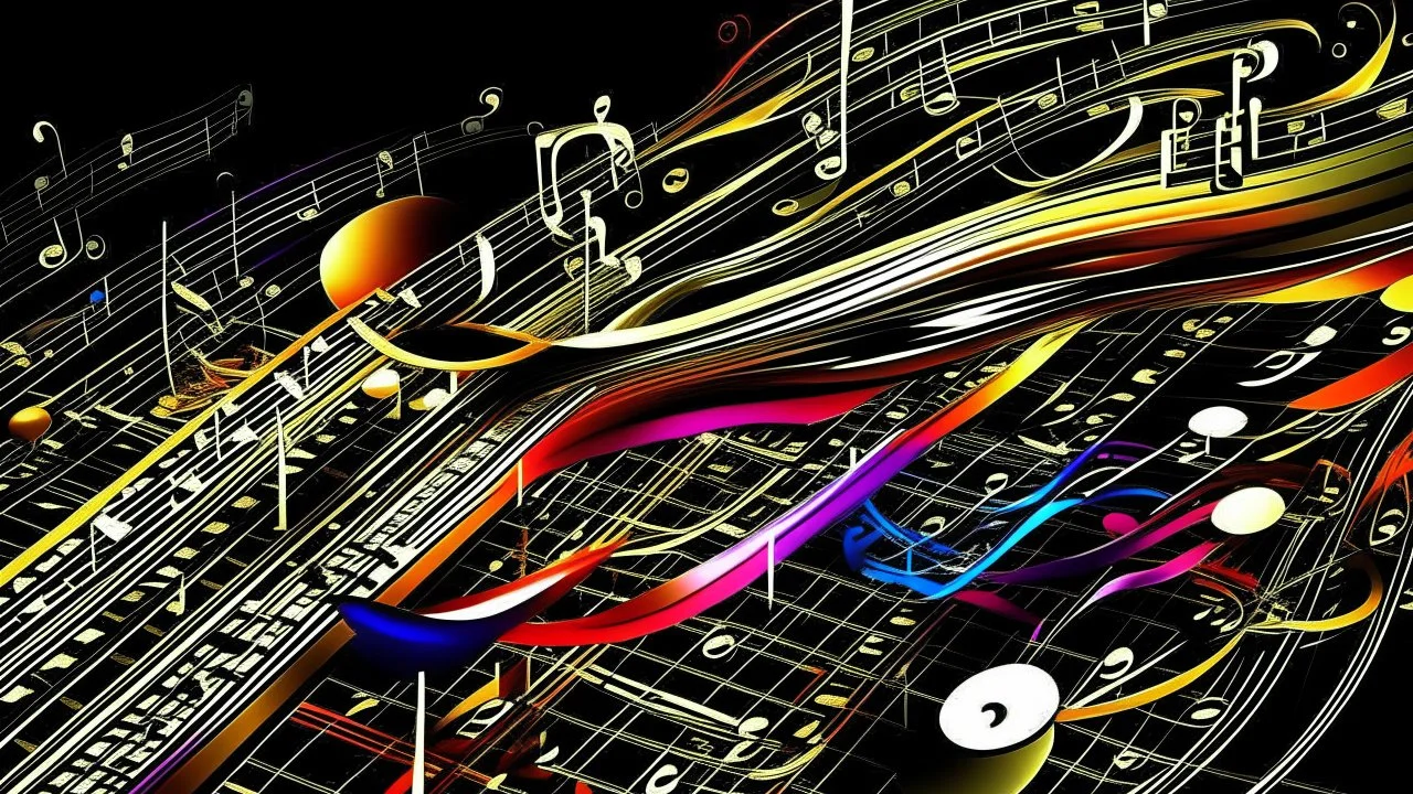 music is beauty, music of the spheres, music notation, treble clef symbol, orchestral instruments, sound waves, balanced beautiful composition, exciting, engaging, attractive detailed colour photograph