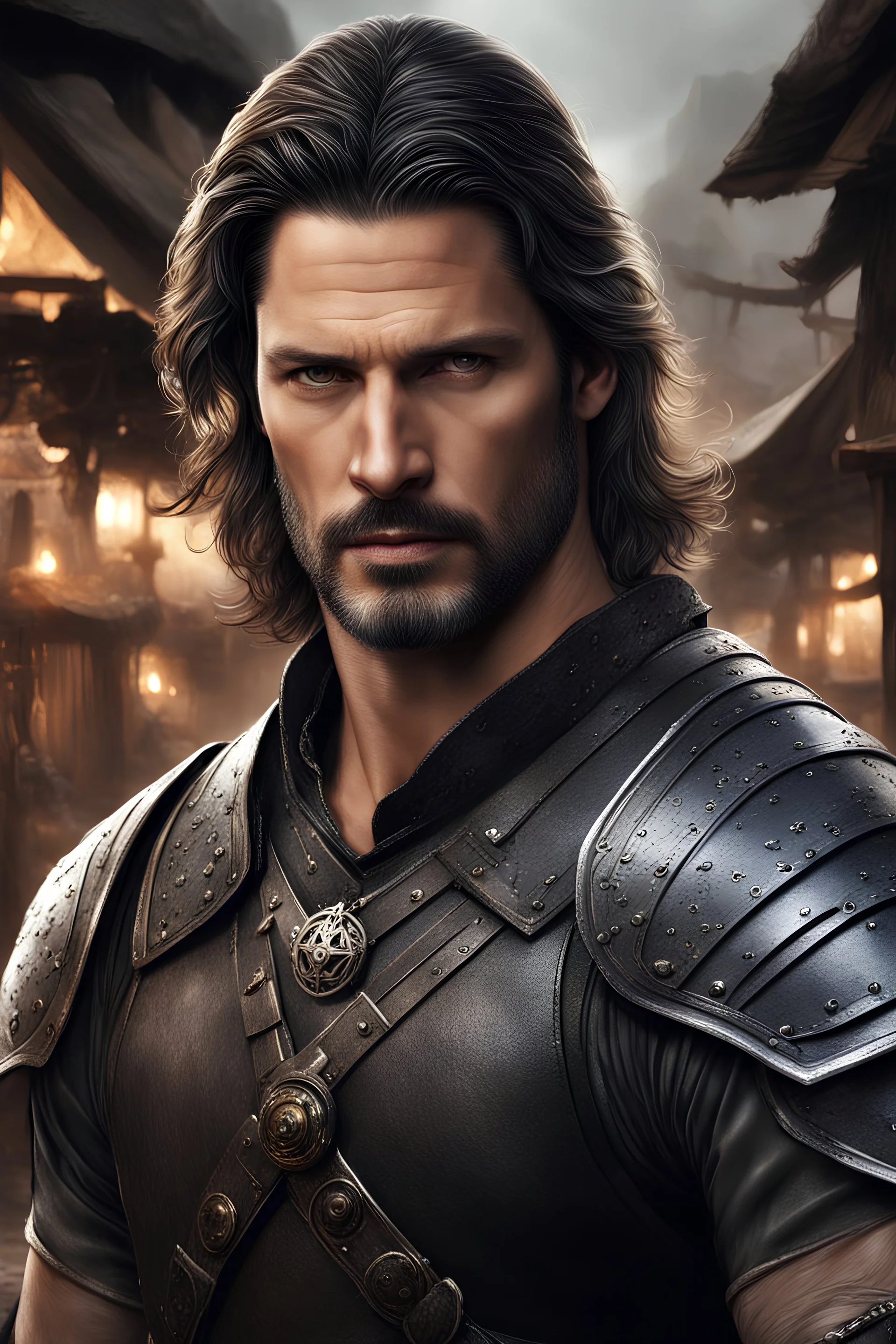 Adult man with Joe Manganiello's features, fair complexion, sporting shoulder length hair, intense eyes, warrior nomad, guarding a merchant shop, black leather armor, necklace, dynamic portrait, digital art, dramatic lighting, high detailed