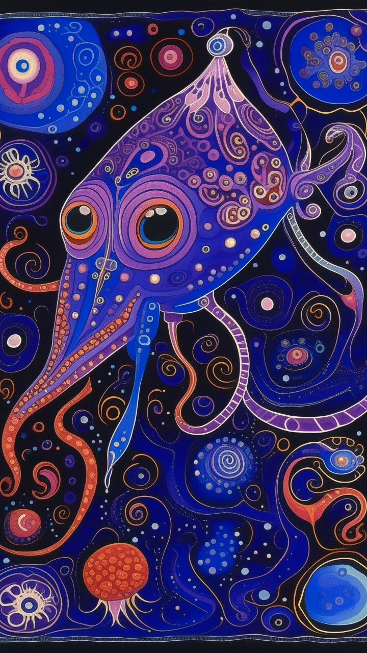 A violet cosmic elemental squid designed in Navajo yarn painted by Paul Ranson