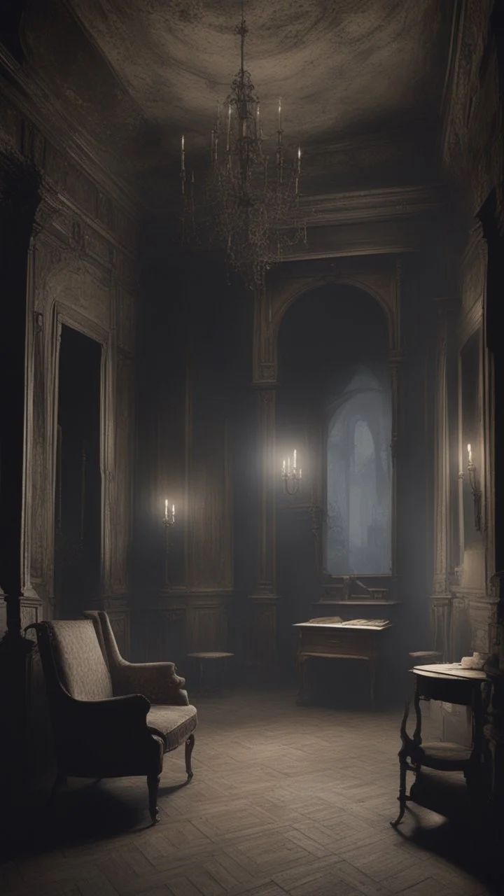 Generate an image of the interior of a haunted castle with dilapidated furniture and dim candlelight, capturing the haunting ambiance of 'Diabel' (1972). Include subtle ghostly apparitions or spectral figures