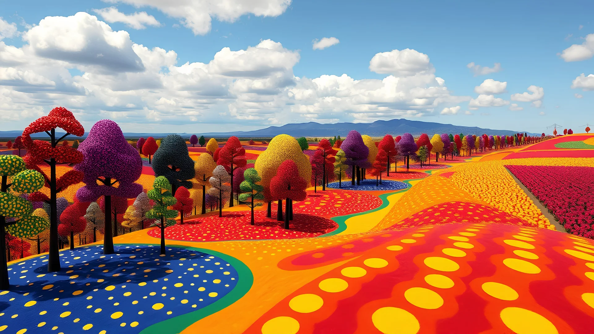 a whimsical multicolour forest line, on the horizon, by Yayoi Kusama