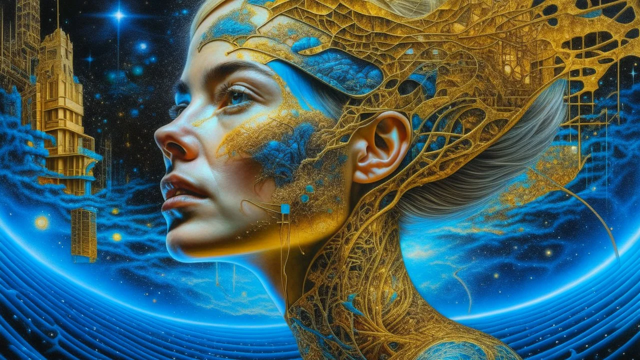 Universe, Galactic space portrait of a woman, roots, inspired by architecture, crazy details and double exposure in fantasy art, gold, glitter, blue, fine art, hyper-detailed main society, fine rendering, sharp drawing, vibrant colors