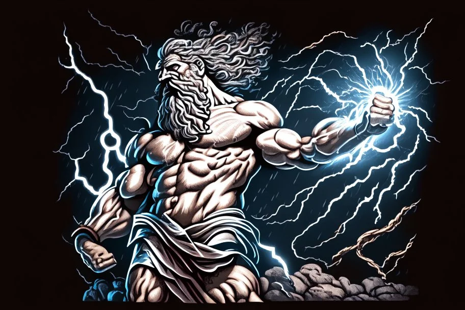 Detailed and realistic illustration of Greek god Zeus holding holding lightning. Vintage style illustration. Ultra high resolution.