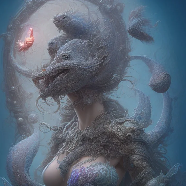 sango fantasy, fantasy magic, intricate, sharp focus, illustration, highly detailed, digital painting, concept art, matte, artgerm and paul lewin and kehinde wiley, masterpiece sexy lips Hawaiian afro lips black African lady body mermaid Dragonfish head blue space lady sea under water mermaid seaweed pyramid