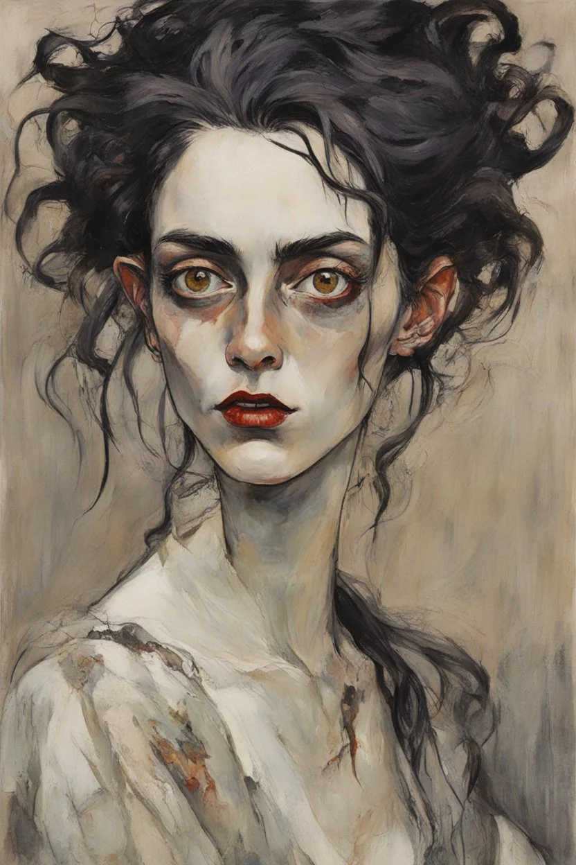 Painting of a Goth vampire girl, with highly detailed hair and facial features in the Expressionist style of Egon Schiele, Oskar Kokoschka, and Franz Marc, in muted natural colors