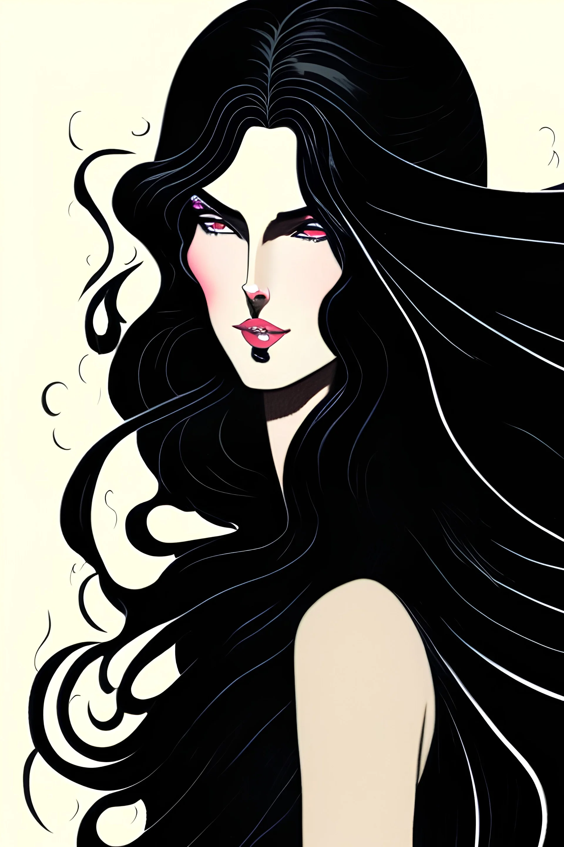 is a tall woman, with long black hair that cascades in waves down her back. She has deep black eyes. She wears black and black clothing, with long flowing capes and dresses.