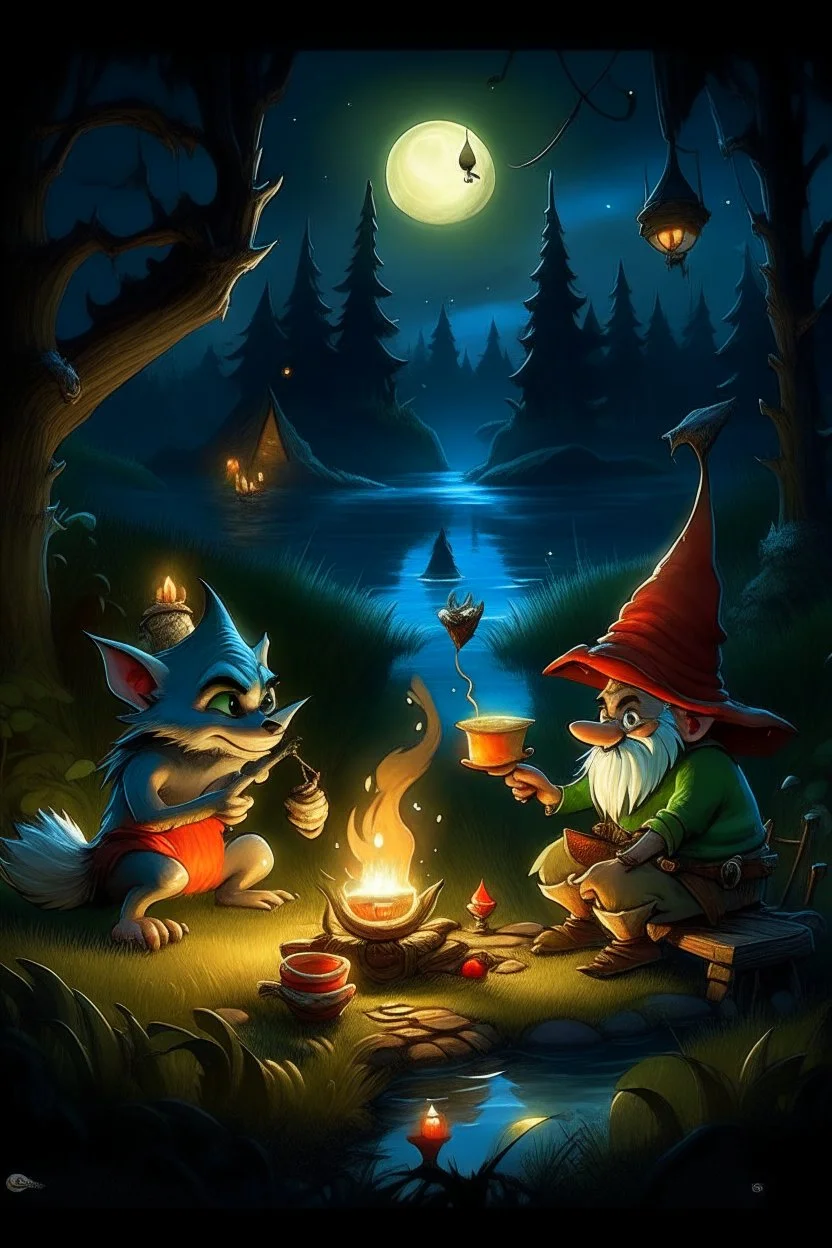 a gnome and a goblin eating in front of a fish fire with figure with fox mask behind, riverbank, night, moonlight,