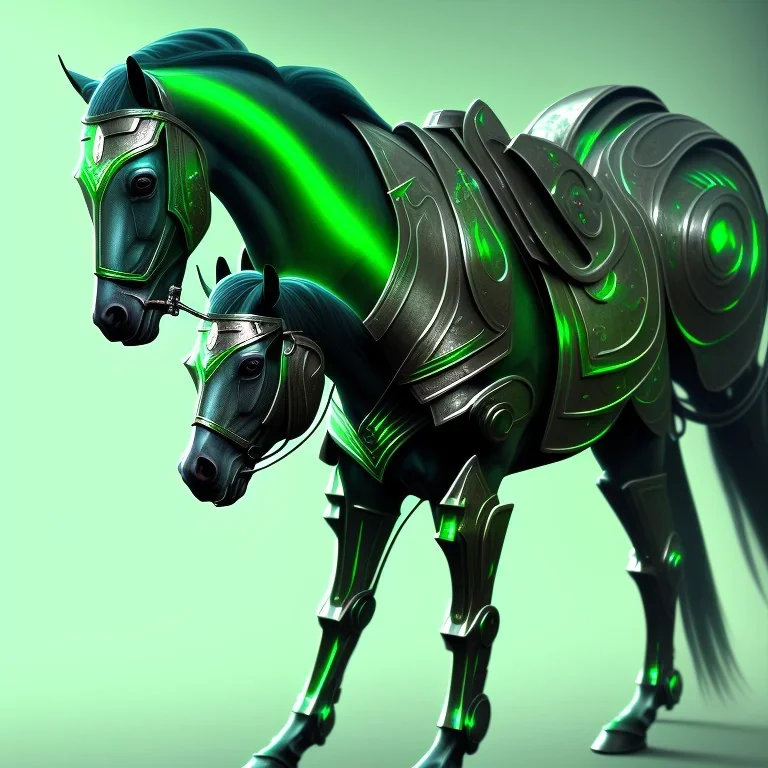 A beautiful portrait of a cyborg horse green color scheme, high key lighting, volumetric light high details psychedelic background