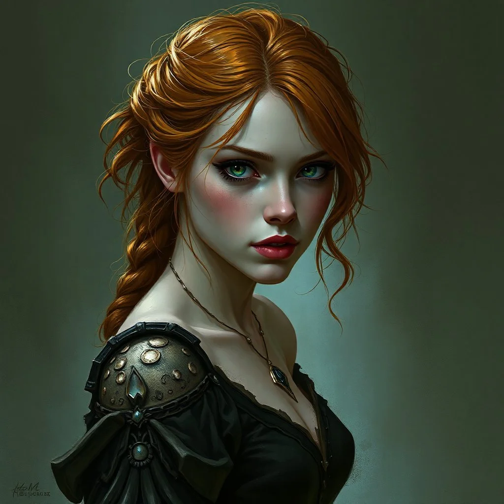 a pretty fantasy woman, young, ginger hair, troubled, dark fantasy art