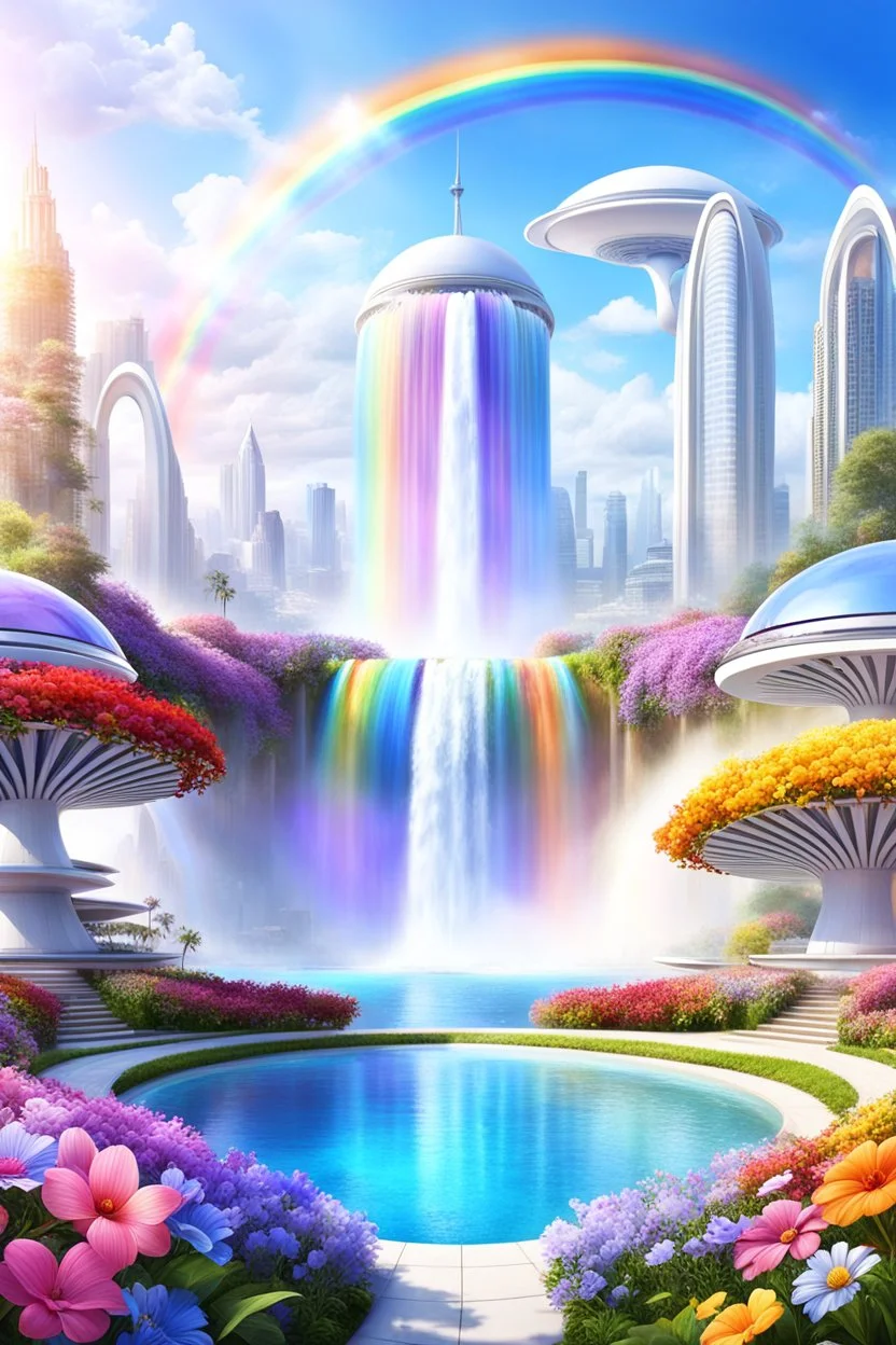 very beautiful, ,flowers, garden,rainbow, cité futuriste ultra moderne, ufos rainbow, cascade colorée, dômes