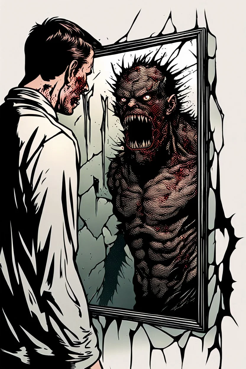 a man looking into a shattered mirror and seeing a horrifyingly smeared and deranged monster in his reflection