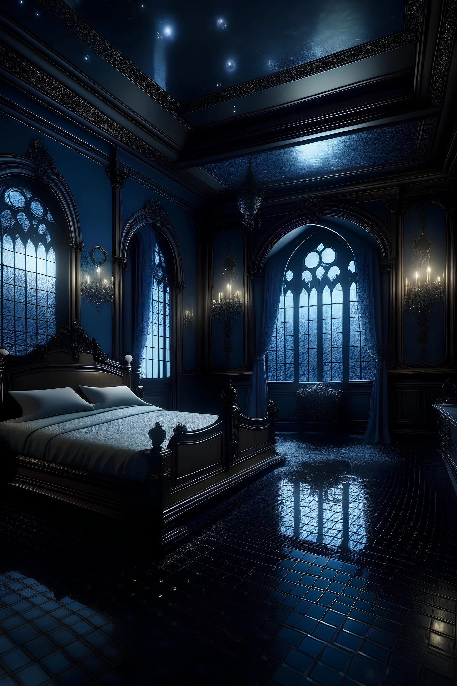 Gothic Astral Starry Space Victorian Bedroom with pools of water