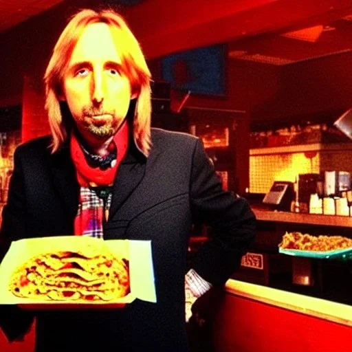 Scottish Tom Petty eating a burrito in heaven, neon