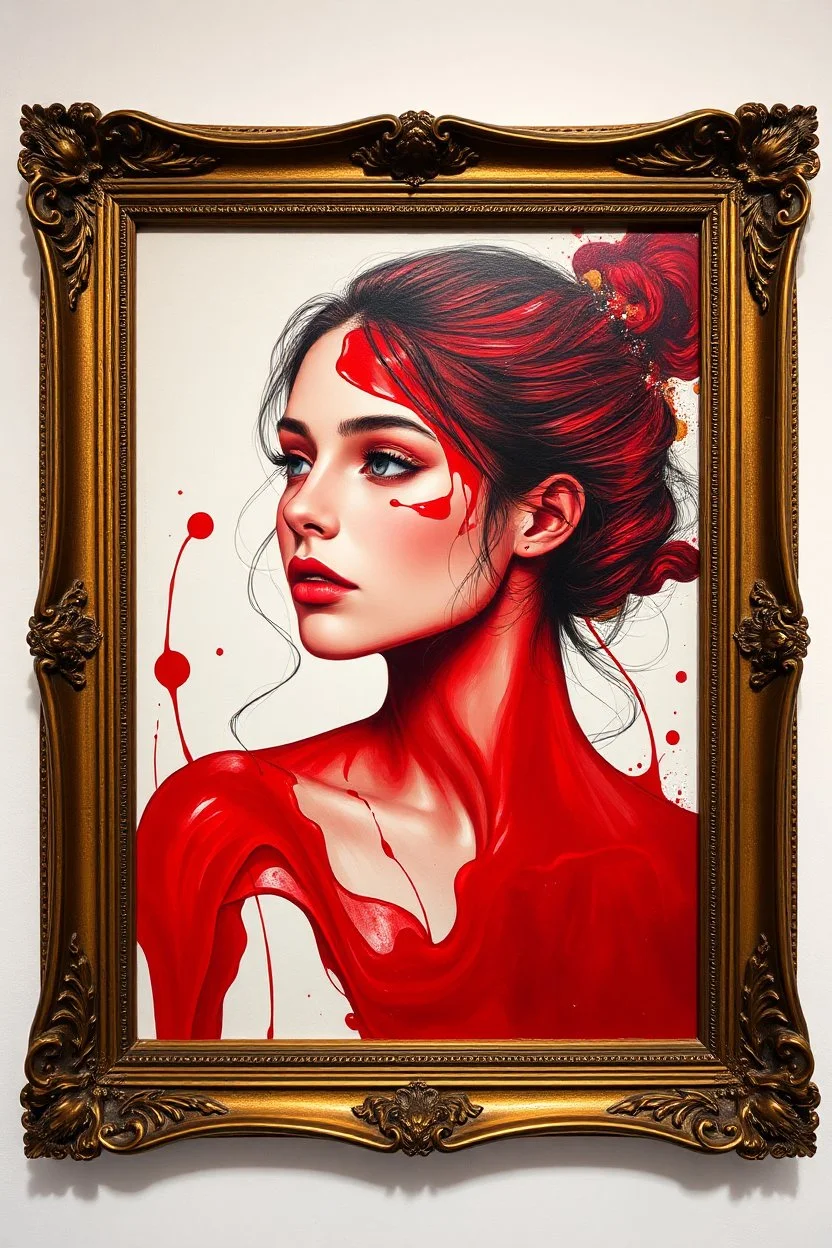 A beautiful young women painted with Liquid abstract red paint ,in side a picture classic picture frame