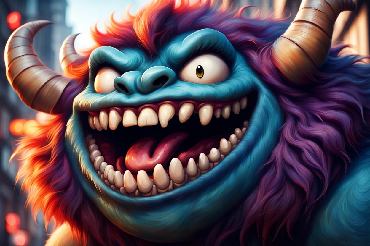 closeup of a maniacal grinning monster's face, big teeth, fur, bumps and curled horns, my pet monster inspiration, urban character design