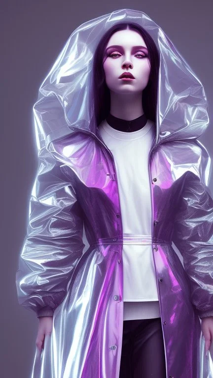 painting by koson ohara and marta bevacqua, portrait of a beautiful goth woman with long black hair, wearing a plastic raincoat, purple neon lighting, 8k, high quality, highly detailed