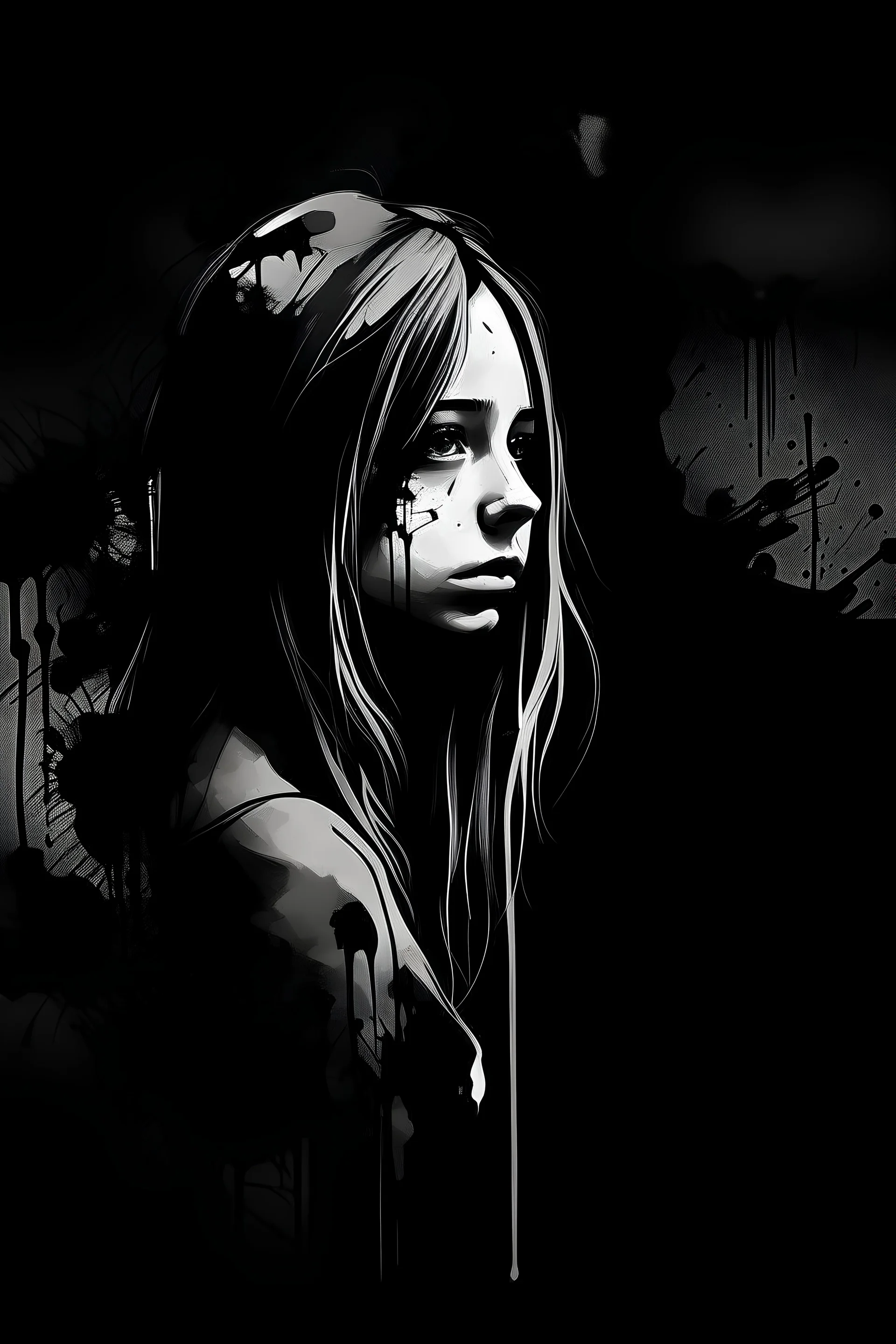 melancholic girl with a black abstract ink background