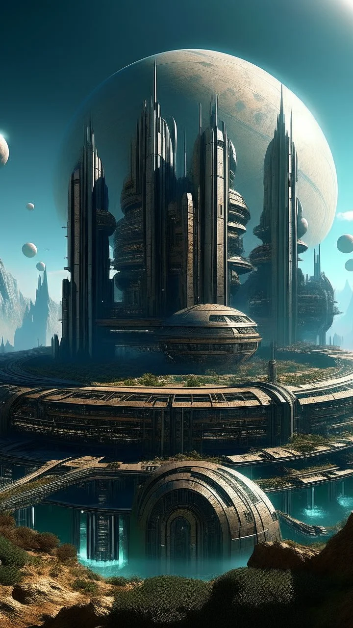 sci fi planet, busy city, temple