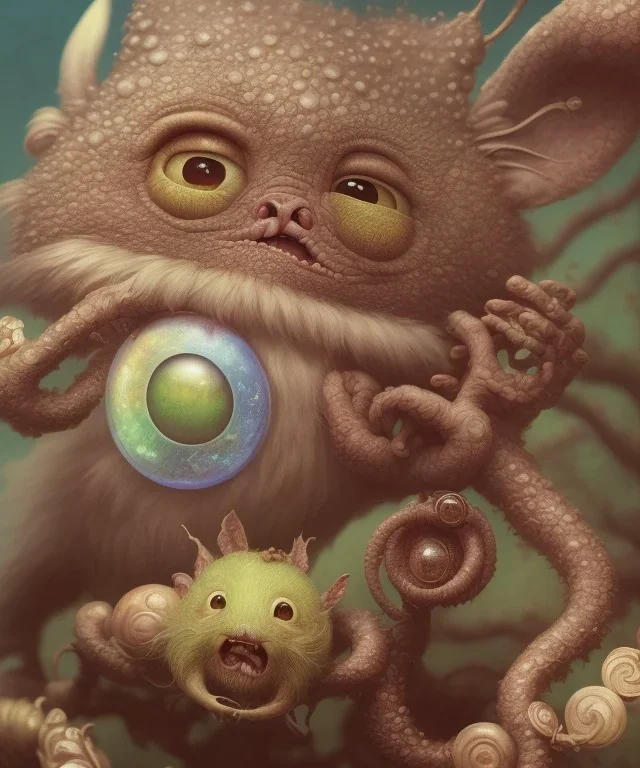 a closeup shot of a little cute strange animal illustrated by miyazaki by karol bak, james jean, tom bagshaw, rococo, sharp focus, trending on artstation, cinematic lighting, hyper realism, octane render, 8k, hyper detailed, vivid, ultra detailed, highly detailed, zbrush