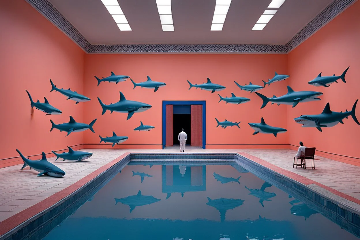 Swimming at night in a pool with incandescent sharks by artist "Sandy Skoglund",by artist "Hundertwassr",by artist "Victor Enrich"