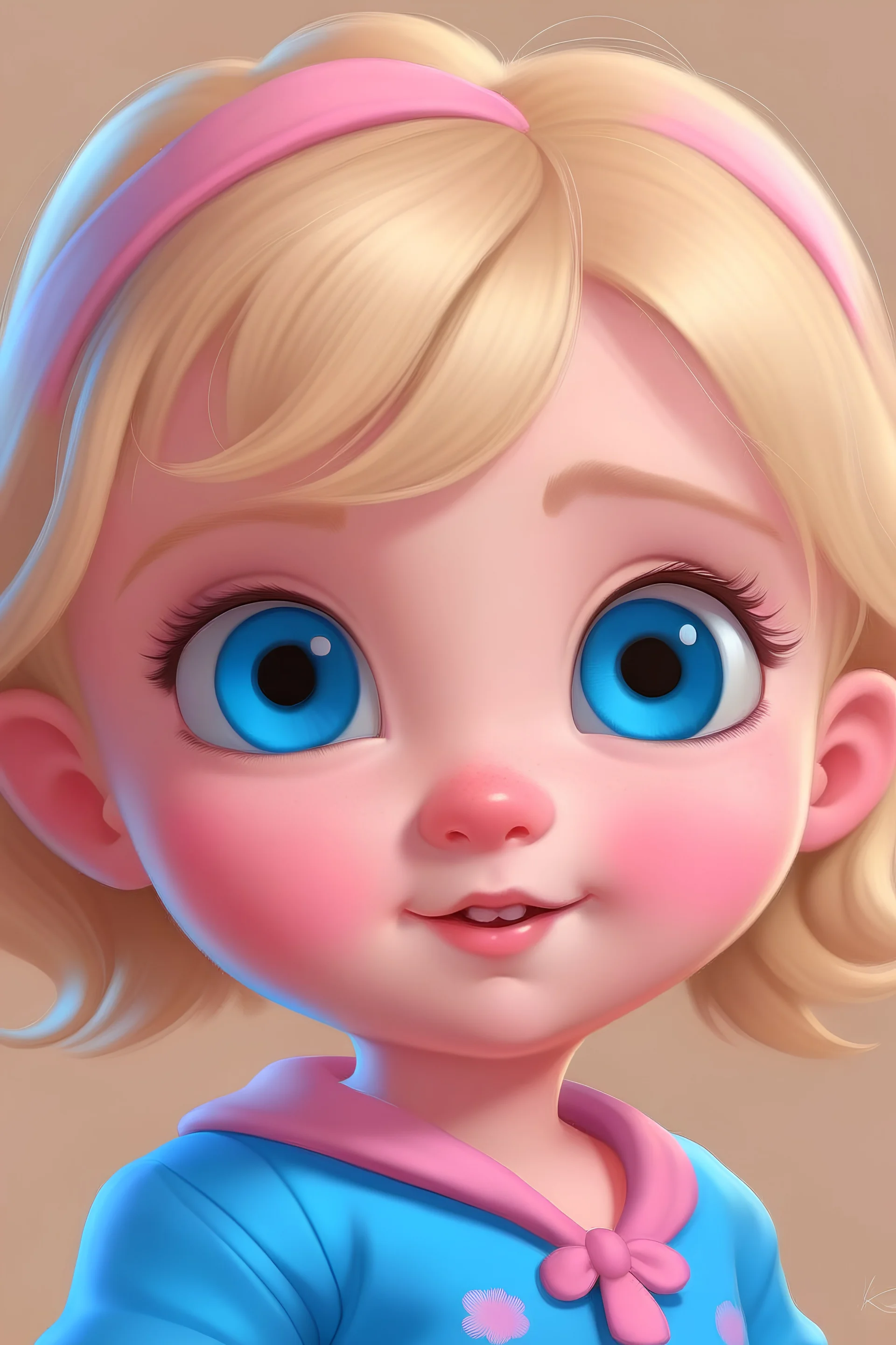 Little kindergarten girl, blonde hair ,blue eyes, pink outfit, cartoon