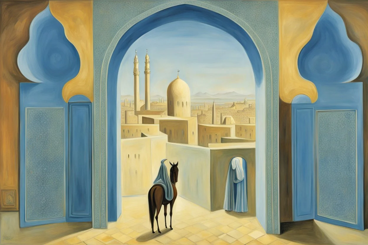 an open Arab gate in a blue-tiled wall with a view of an old city by artist "Rene Magritte",by artist "Leonora Carrington"