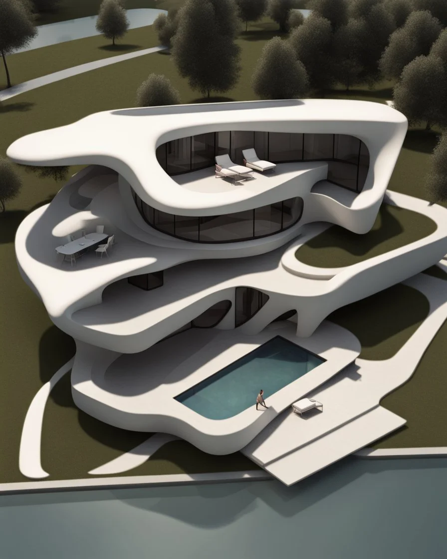 Casa campestre, estilo Zaha Hadid, vista aérea, impactante, calidad ultra, hiperdetallada, 8k,