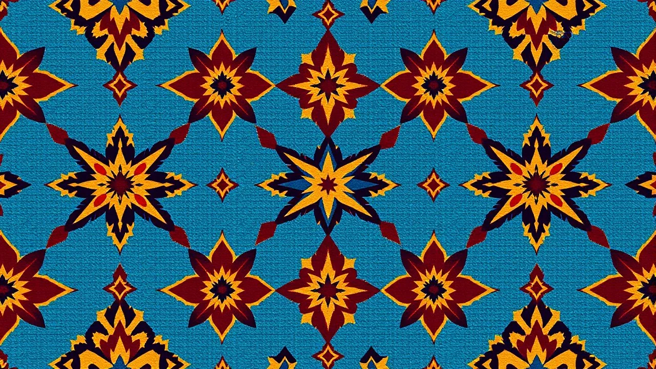 Front Symmetrical View Of Ethnic Cultural Pakistani Sindhi Ajrak Pattern. Using Colors Golden, Navy-Blue, Sky-Blue, Maroon And Black.