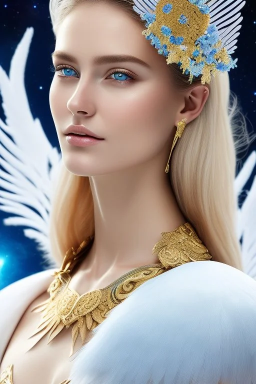 Flower, angel man, (detailed face )++, (detailed blue eyes)++ (long blond hair)++(pectoro visible)++(smile)++, , (two feathered wings on his shoulder blades)++, beautiful place, incredible, cosmic, colours, planet, gold, realistic, real photo, stars at night, detailed, high contrast, 8k high definition, unreal engine 5, extremely sharp details, (lighting effect, light background)++.