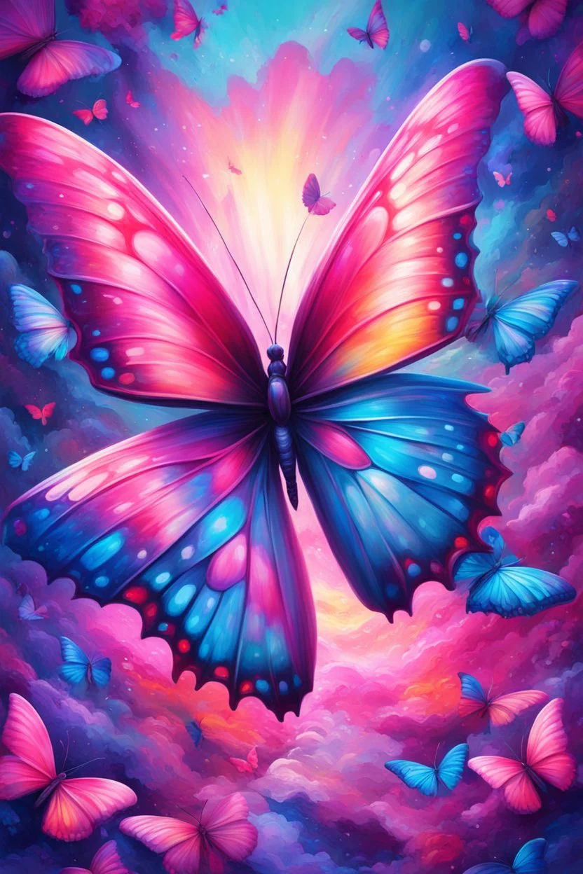 vibrant psychedelic oil painting image, airbrush, 64k, cartoon art image of background PINK and SAPPHIRE BUTTERFLIES , futurism style