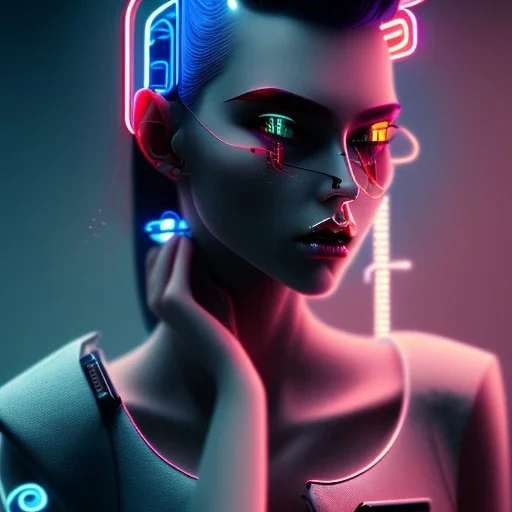 beautiful pale cyberpunk female with heavy black eyeliner, blue eyes, shaved side haircut, hyper detail, cinematic lighting, magic neon, dark red city