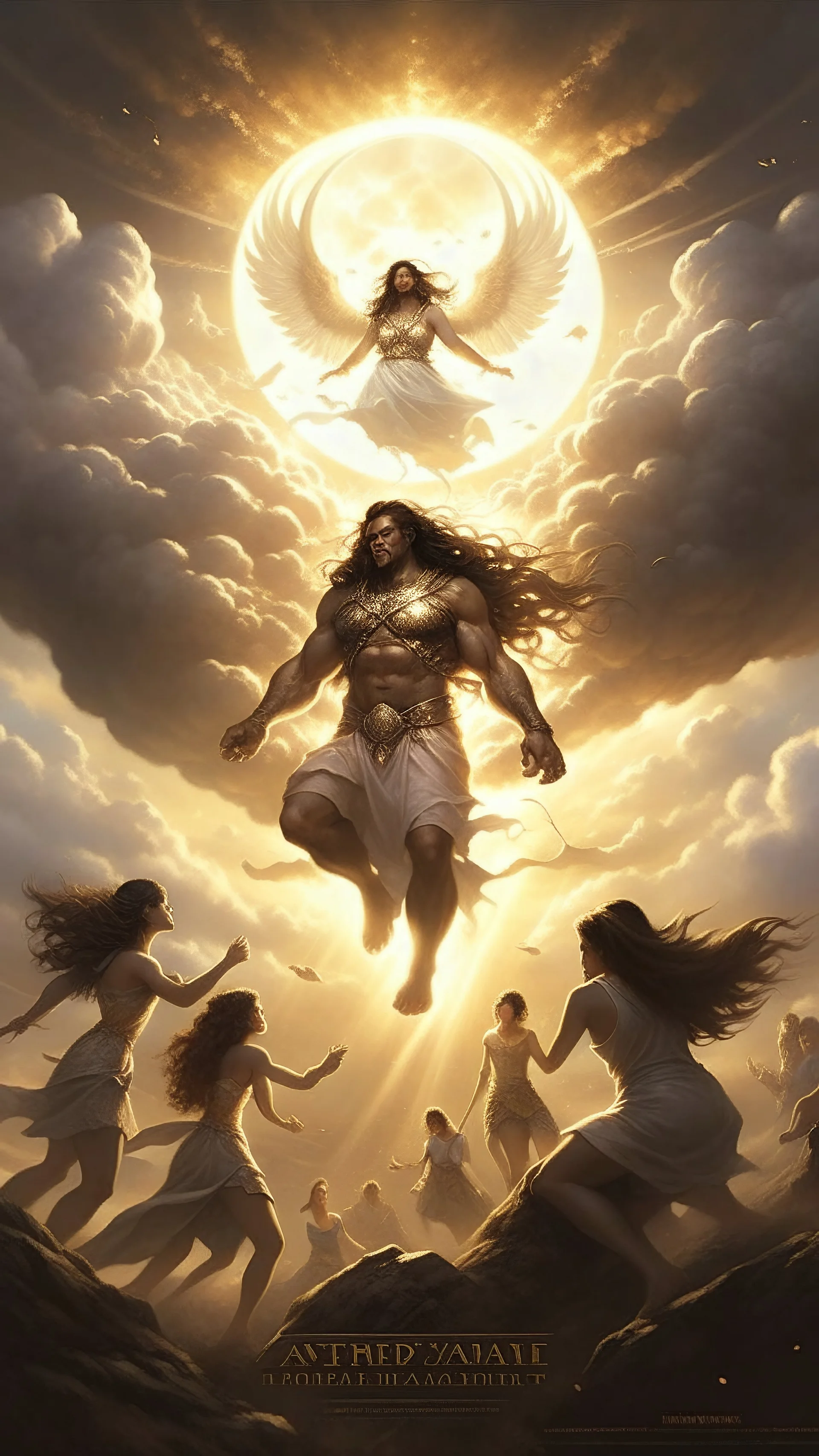 A Sunlight through clouds. Giant Nephilim holding a beautiful girl in his hands and other women are running away from the giant Nephilim