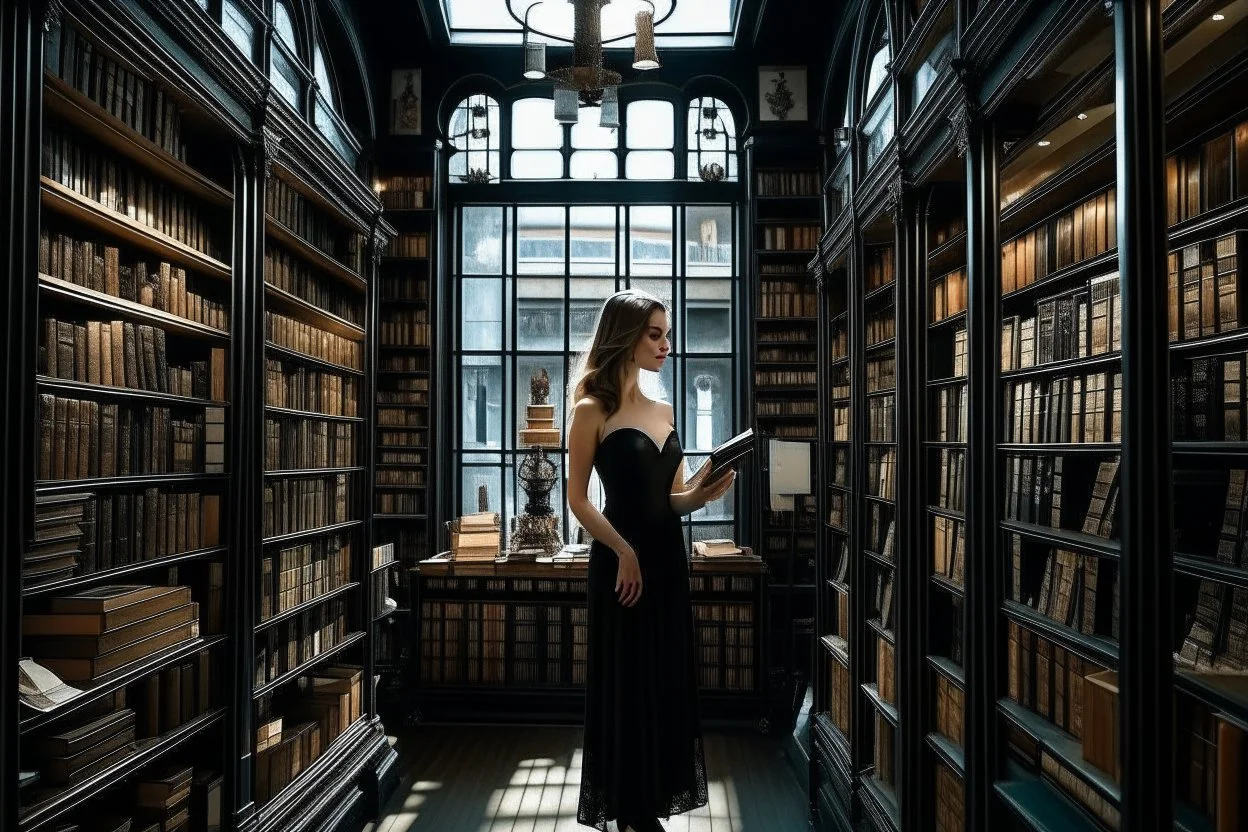 full-height shot of a woman in a tight black dress, inside a large magic book shop, books, bottles, windows