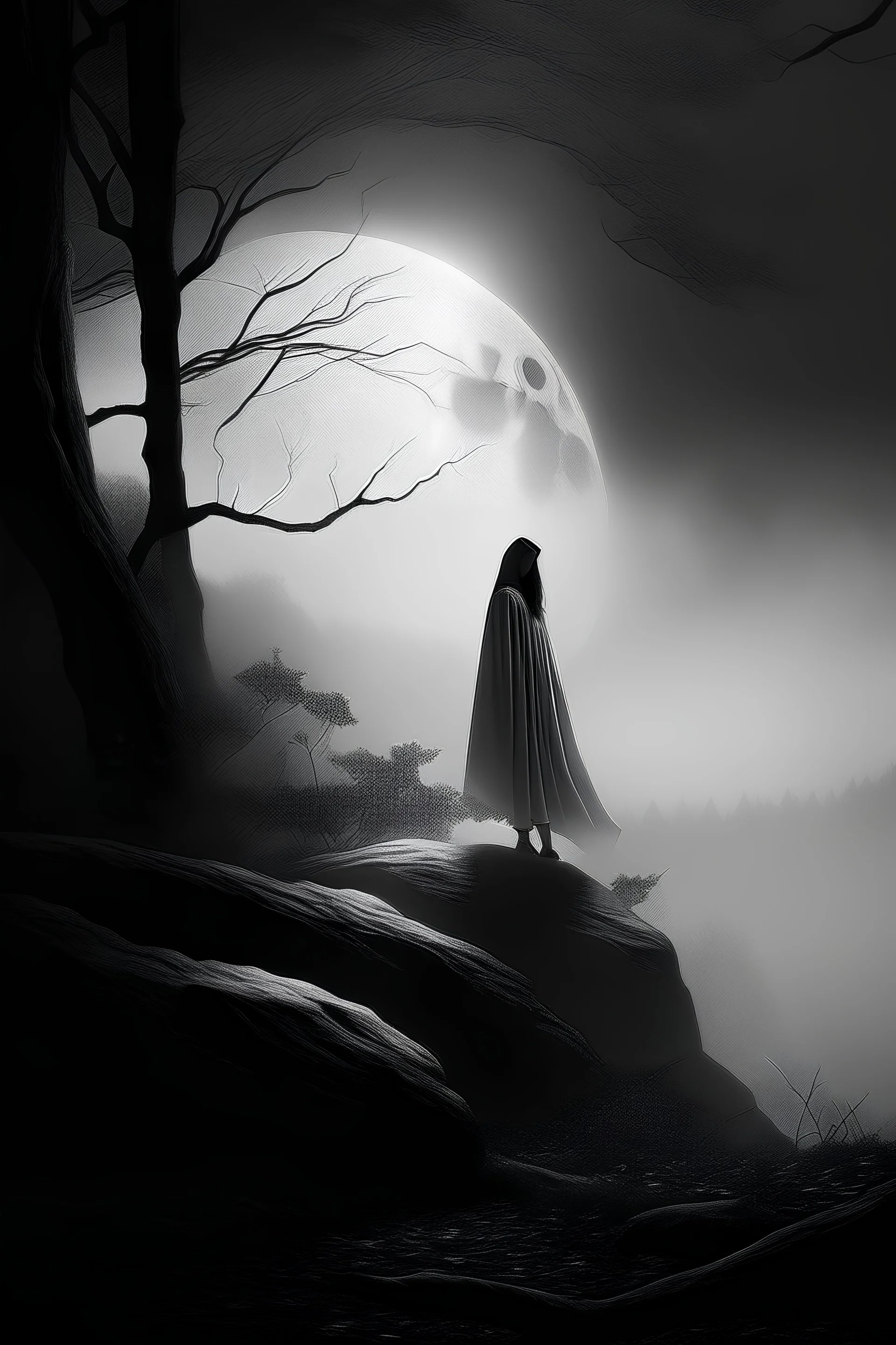 scene, black an white, forest fog, superbig full moon, woman on a rock, tim burton character, woman wiht cape and hood, circle rock