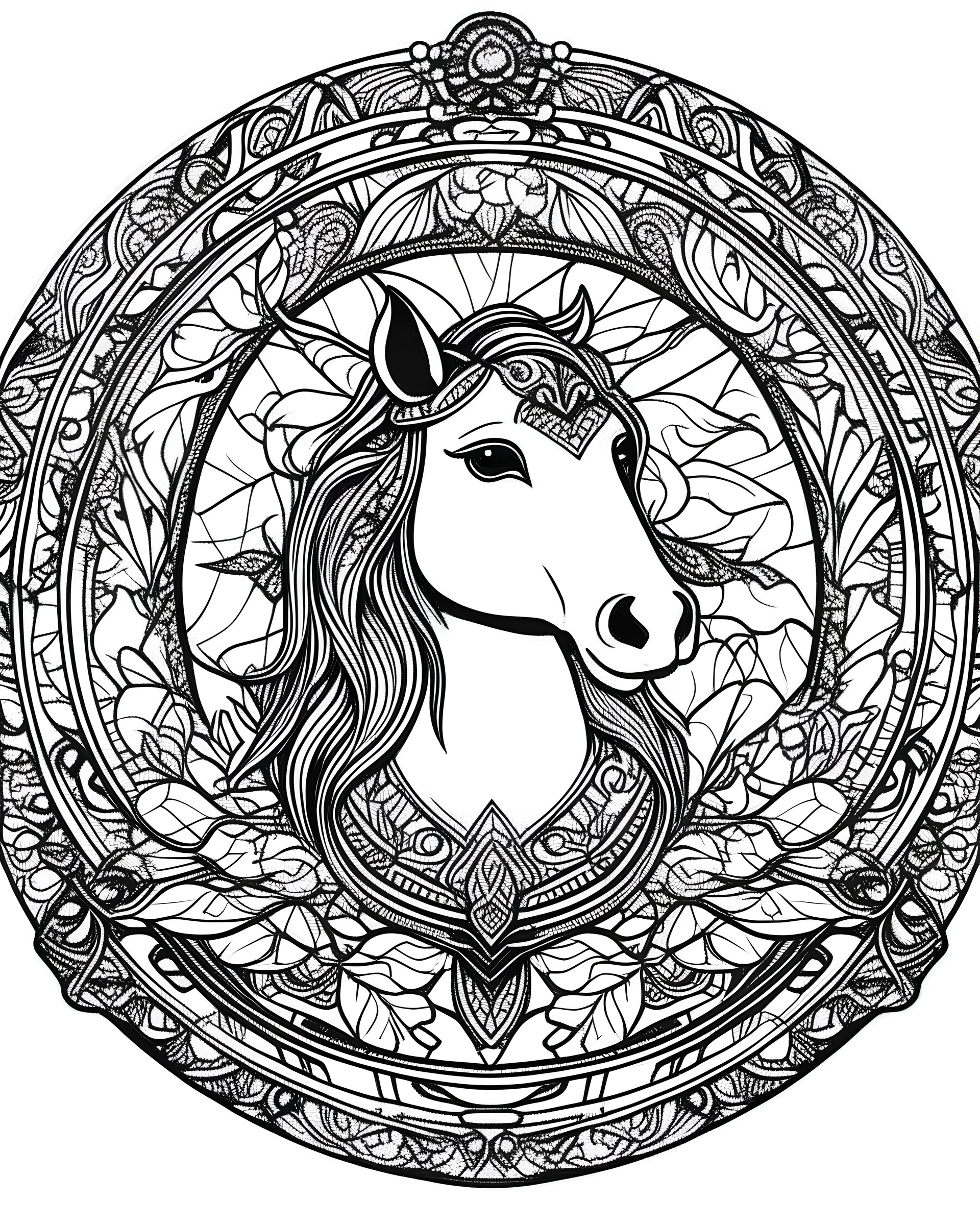 unicorn in mandala style coloring page white background, black and white onlyb outline