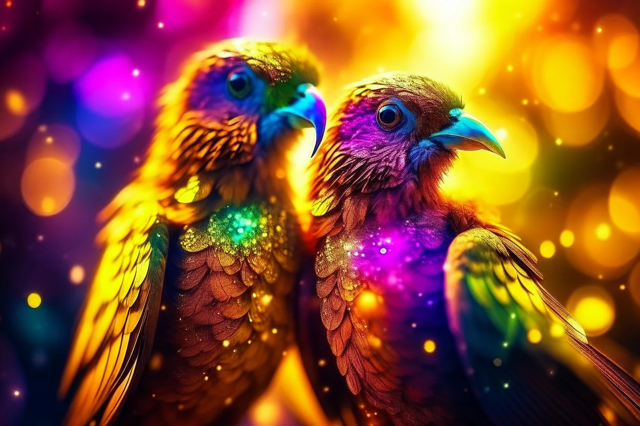 parrot-phoenix mix birds, a picture of togetherness, death, resurrection, purple in sunshine, watercolor and black ink outlines, sparkling golden glitter, ethereal, cinematic postprocessing, bokeh, dof