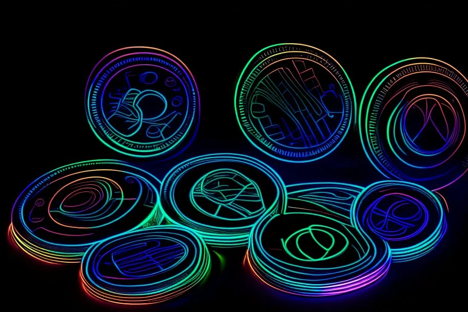 black background, outlines of a holographic coins, drawn from thin neon-coloured glowing lines