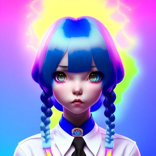 blue hair woman, pigtails, purpurin, school dress, white shirt, tie, gradient color, BLUE, PINK, CYAN, neon, insanely detailed, 16k resolution, perfect eyes, cinematic smooth, intricate detail